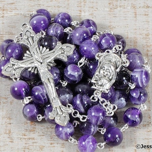 Purple Catholic Rosary Beads AAA White Banded Chevron Amethyst Natural Stone Rosary Silver Traditional Five Decade Catholic Gift Communion image 3