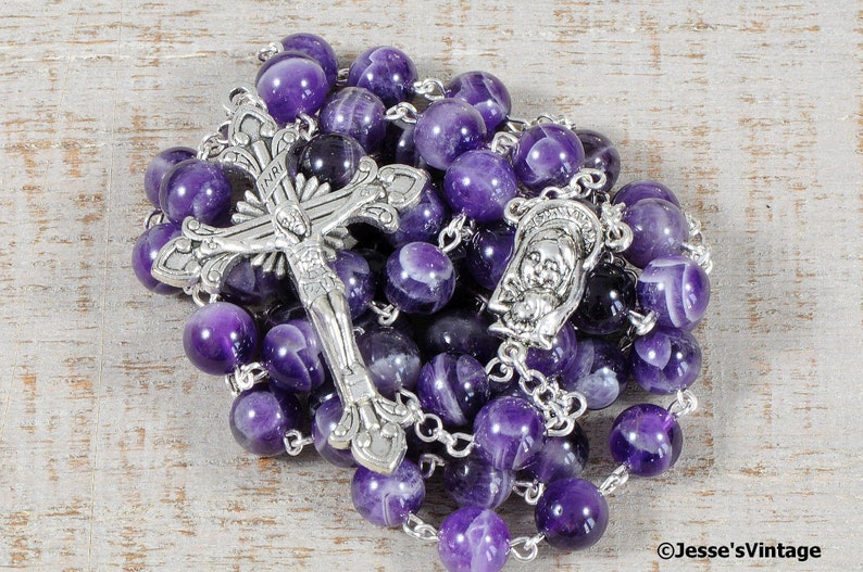 Purple Catholic Rosary Beads AAA White Banded Chevron Amethyst Natural Stone Rosary Silver Traditional Five Decade Catholic Gift Communion image 3