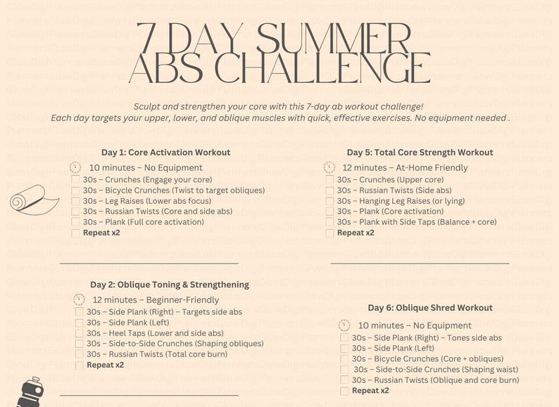 7 Day Ab Workout Challenge | Printable Core Workout Plan | No Equipment ...