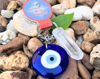 Evil Eye Keychain: Brazilian Quartz Crystal Amulet - Spiritual Protection