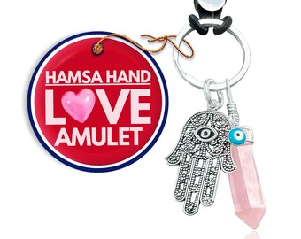 Love Amulet Hamsa Hand Keychain - Rose Quartz Crystal - Evil Eye Talisman - Car Hanging Ornament