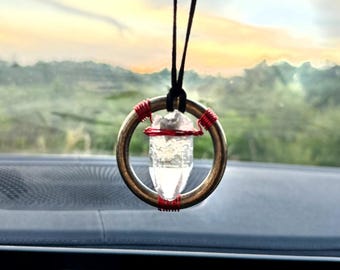 Quartz Crystal Car Charm: Antique Brass Celtic Trinity Triquetra Amulet