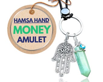 Money Talisman Hamsa Hand Keychain - Green Quartz Crystal - Evil Eye Amulet