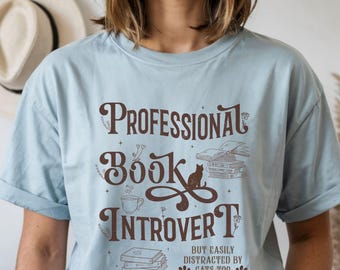 Book Introvert T-shirt, Funny Cat Lover, Bookish Cat Owner Tee, ELA Teacher Gift, Language Student Shirt, Pun Shirt, English Grads Gift