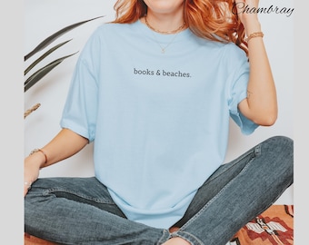 Books and Beaches T-Shirt Minimalist Summer Tee for Book Lovers Coastal Aesthetic Reading Shirt Beach Day Bookworm Gift Ocean Lover Shirt