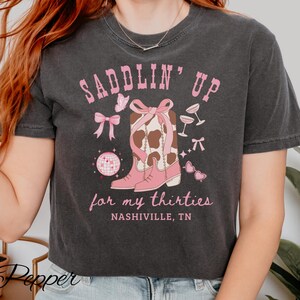 Custom Birthday Shirt Saddlin Up Cowgirl Boots and Martini Tee Coquette Western Bachelorette Shirt Personalized Girls Trip Tee Group Shirt