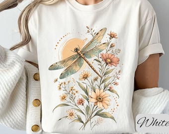Boho Summer Floral Shirt, Cottagecore Spring Flowers, Summer Vibes Shirt, Dragonfly Wildflowers Graphic Tee, Summer Flowers Aesthetic