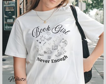Shirt boek meisje nooit genoeg, lezer cadeau, doodle boekenclub T-shirt, schoolse outfit, introverte boekenwurm esthetiek, lifestyle shirt lezen