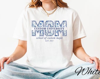 Proud Mom of a College Student Shirt Custom Family Title Tee Graduation Gift  Blue Toile Floral Font  College Send-Off Shirt