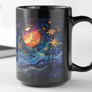 Home Decor Black Cup Series Celestial Starry Night Tea Cup Night Sky Lover Stained Glass Astral Astrology Witchy Mystical Stargazers