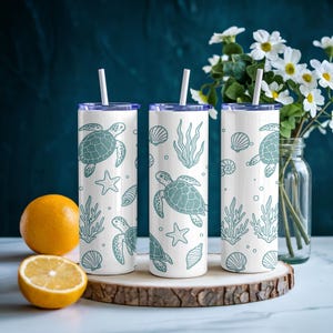 Sea Life Skinny Tumbler Cup, Ocean Beach Theme Drinkware, Underwater Creatures Glass, Marine Life Travel Mug, Fish Lover Gift, Water Animals