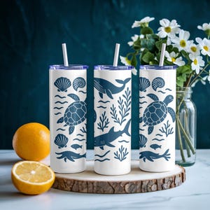 Sea Life Skinny Tumbler Cup, Ocean Beach Theme Drinkware, Underwater Creatures Glass, Marine Life Travel Mug, Fish Lover Gift, Water Animals