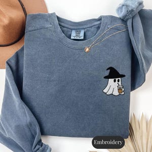 Ghost Embroidered Sweatshirt, Fall Comfort Colors Halloween Crewneck, Witch Ghost Coffee Lover Shirt, Cozy Autumn Embroidery