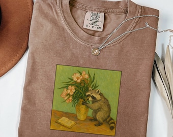 Funny Raccoon Art Shirt, Van Gogh Style Oleander Painting with Mischievous Raccoon, Vintage Fine Art Animal Mashup Tee,  Raccoon Lover Gift
