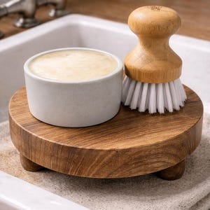 May include: A wooden, round pedestal with three small legs supports a light gray ceramic bowl and a wooden dish brush with white bristles. The bowl contains a light-colored substance. The items are on a linen cloth.