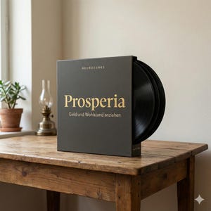 Könnte beinhalten: Ein dunkelgraues Box-Set mit dem Wort "Prosperia" in goldener Schrift sowie dem Text "Geld und Wohlstand anziehen". Zwei schwarze Schallplatten sind sichtbar. Die Box steht auf einem Holztisch.