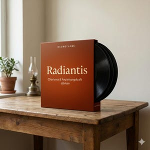 Könnte beinhalten: Ein braunes Box-Set mit Schallplatten mit dem Wort "Radiantis" in goldfarbenen Buchstaben. Die Box trägt auch den Text "Charisma & Anziehungskraft stärken" und "Neurotunes". Die Schallplatten sind schwarz und teilweise sichtbar.