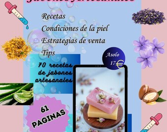 May include: An advertisement for handmade soaps. The image features a tablet displaying two soaps with flower petals, surrounded by ingredients like aloe vera, flowers, and nuts. Text includes "Handmade Soaps", "Recipes", and "61 pages".