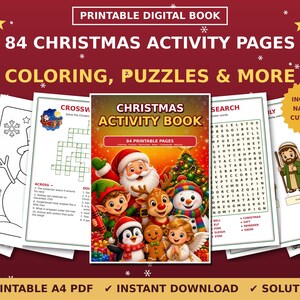 Christmas Activity Book for Kids, Printable PDF, 84 Pages Coloring Puzzles Maze Crossword Nativity Craft