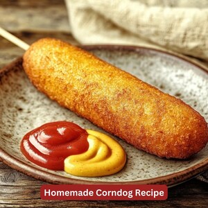 May include: A golden brown corn dog on a brown speckled plate with a dollop of ketchup and mustard. The text "Homemade Corn Dog Recipe" is at the bottom of the image.