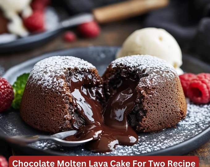 Best Dessert Recipe for Chocolate Molten Lava Cake for Two, Simple Dessert Plate, Date Night Recipe, Downloadable Recipes