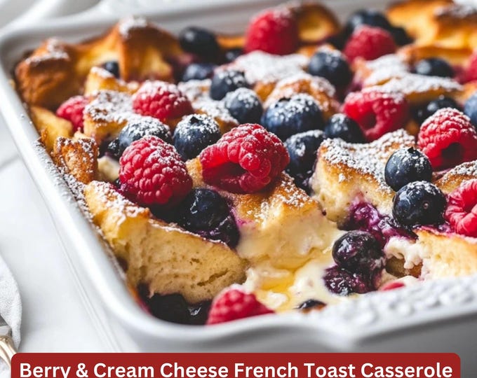 Best Breakfast Recipe for Berry & Cream Cheese French Toast Casserole Dish, Simple Recipe Plate for Print Out, Family Chef Dish