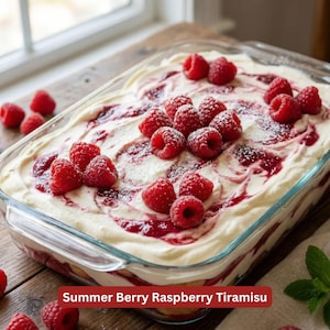 Puede incluir: Un plato de vidrio rectangular lleno de tiramisú de frambuesa y bayas de verano. El postre presenta capas de crema, remolinos de frambuesa y frambuesas frescas. Está espolvoreado con azúcar en polvo.