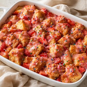 以下が含まれることがあります： 焼いたパンの角切りとスライスした赤いイチゴが入った、長方形の白いセラミック製ベーキングディッシュ。ピンク色のグレーズとカラフルなスプリンクルがトッピングされており、容器の短い側面に2つのハンドルが一体化しています。