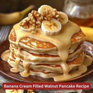 Best Recipe for Banana Cream Filled Walnut Fluffy Pancakes, Breakfast Recipe, Simple Recipe Plate, Download and Print Out