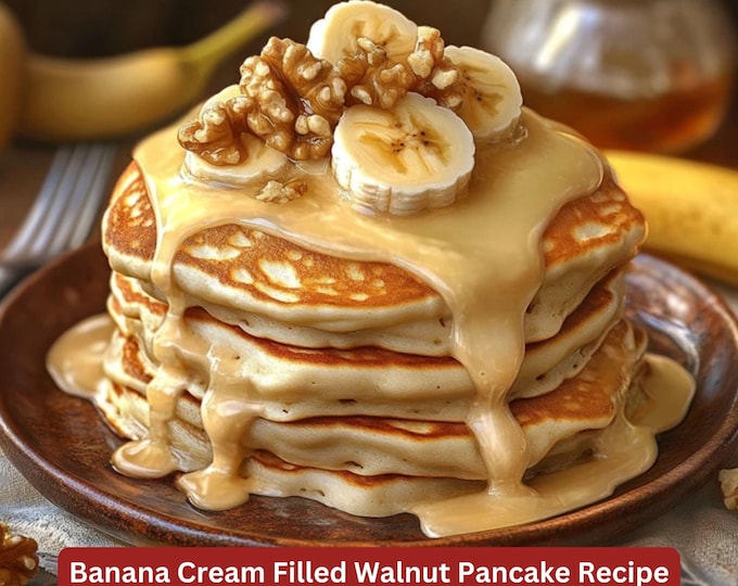 Best Recipe for Banana Cream Filled Walnut Fluffy Pancakes, Breakfast Recipe, Simple Recipe Plate, Download and Print Out