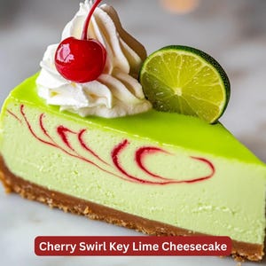 May include: A slice of green key lime cheesecake with a swirl of red cherry filling, topped with whipped cream and a cherry. A slice of lime is on top of the cheesecake.