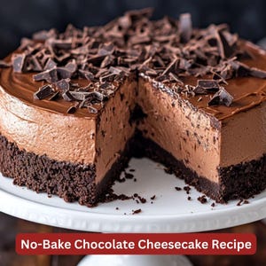 Peut inclure: Une recette de cheesecake au chocolat sans cuisson avec un gla&ccedil;age au chocolat et des copeaux de chocolat. Le cheesecake est sur un support &agrave; g&acirc;teau blanc.