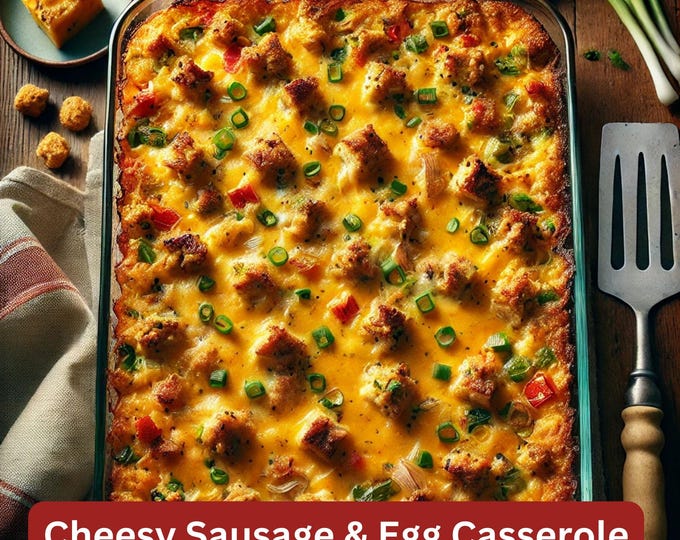 Best Recipe for Cheesy Sausage & Egg Casserole Dish, Simple Recipe Plate, Easy Recipe print out, Breakfast recipe, family recipe