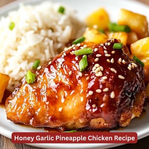 May include: A close-up of a honey garlic pineapple chicken recipe. The chicken is glazed with a sweet and savoury sauce and topped with sesame seeds and spring onions. The chicken is served with white rice and pineapple chunks.