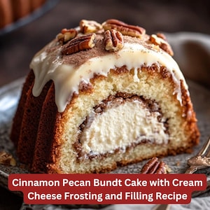 May include: A half-eaten cinnamon pecan bundt cake with cream cheese frosting and filling. The cake is topped with pecans and a dusting of cinnamon.