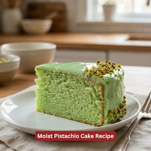 May include: A slice of moist pistachio cake on a white plate. The cake is light green with a green glaze and chopped pistachios. Text at the bottom reads "Moist Pistachio Cake Recipe". A fork is on the right.
