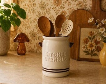 porte-ustensiles de cuisine vintage pour vaisselle | Pot #109 en grès Cottagecore des années 1970 | Pot à lait en céramique marron blanc | Cuisine de ferme rétro