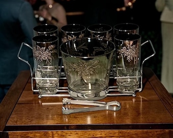 Juego de bar MCM Vitreon Queen's Lusterware Silver Rose / 6 vasos altos, cubitera, soporte para hielo, pinzas / Estilo moderno de mediados de siglo con degradado plateado