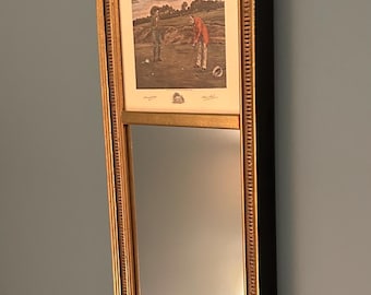 Vintage French Trumeau Mirror | Signed 1915 "Stymied" Golf Etching W. Dendy Sadler | Gold Gilt Frame | Old Golf Shop Provenance