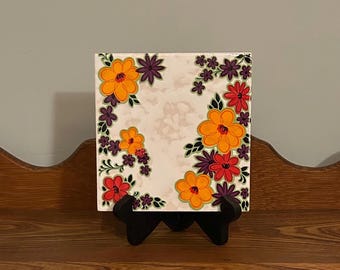 Azulejo artístico vintage de Mettlach Villeroy & Boch / Estilo floral Flower Power de los años 70 / Salvamanteles de cerámica alemán raro / Naranja y ciruela
