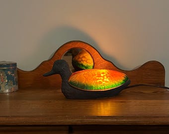 Vintage Mallard Duck Lamp | Amber and Green Art Glass Night Light | 90s Rustic Cabin Decor | Wildlife Animal Accent Light