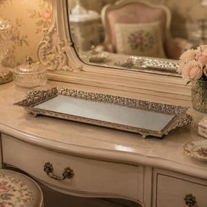 Puede incluir: Una bandeja rectangular con base de espejo y un marco metálico de tono plateado con intrincados detalles de filigrana. La bandeja se apoya sobre cuatro pequeñas patas decorativas y presenta una superficie pulida y reflectante.