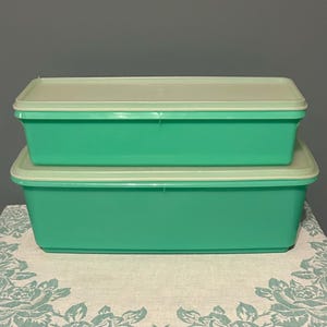 Puede incluir: Dos recipientes rectangulares de almacenamiento de alimentos de color turquesa con tapas blanquecinas apilados. Los recipientes son de plástico y parecen antiguos. Las tapas encajan perfectamente. Ideales para guardar alimentos.