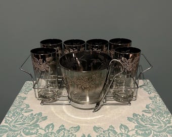 Set da bar MCM Vitreon Queen's Lusterware Silver Rose / 6 bicchieri highball, secchiello per il ghiaccio, portaghiaccio, pinze / Mid Century Modern Silver Ombre Fade