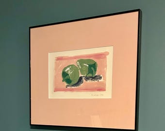 Monotipo original de Stuart Ross, 1998 / Bodegón de artista de Maine / Arte modernista de pimiento verde / Decoración de pared enmarcada única / Costa central de los años 90