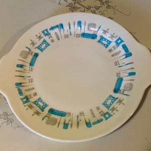 Vintage Royal China Blue Heaven Atomic MCM 11.5&quot; Handled Platter Retro made in the USA Sebring, Ohio