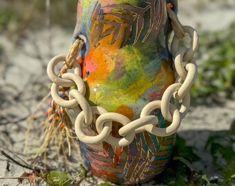 Handmade Ceramic Chain Vase- Hand Painted Palm Design BOHO Decor
