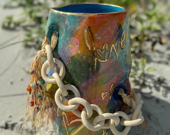Handmade Ceramic Chain Vase- Hand Painted "Love" Design BOHO Decor