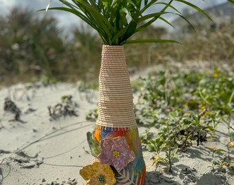 Handmade Ceramic Floral Vase- Woven Floral and Palm Vase BOHO Decor