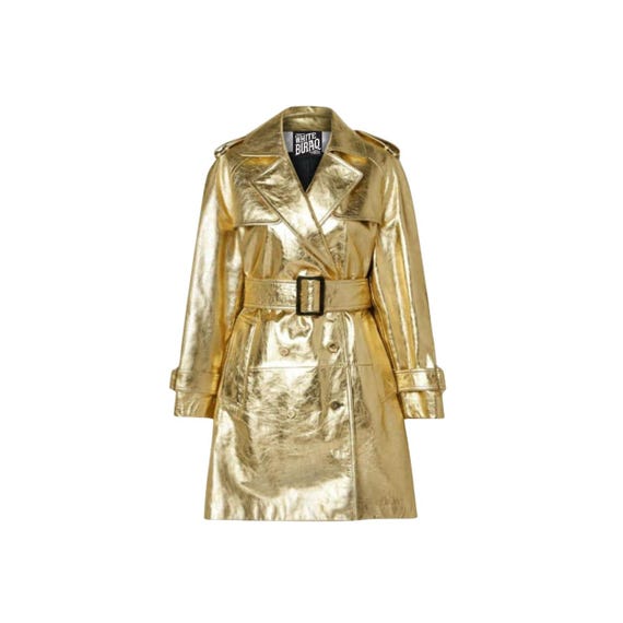 Women's Gold Metallic Leather Trench Coat Lightweight Glam Midi